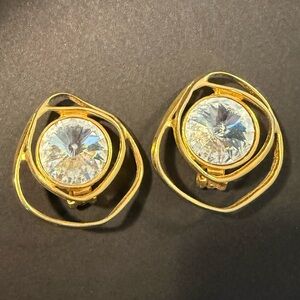 Vintage Norma Jean MODERNIST Rivoli Crystal Gold Tone Clip On Earrings